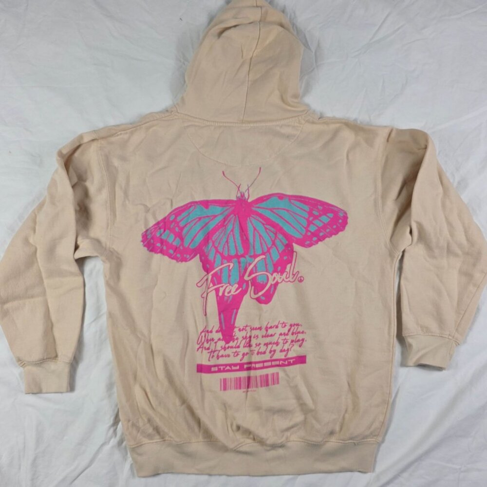 PacSun Free Soul Mens XL Beige Butterfly Graphic Hoodie Lightweight Casual Wear